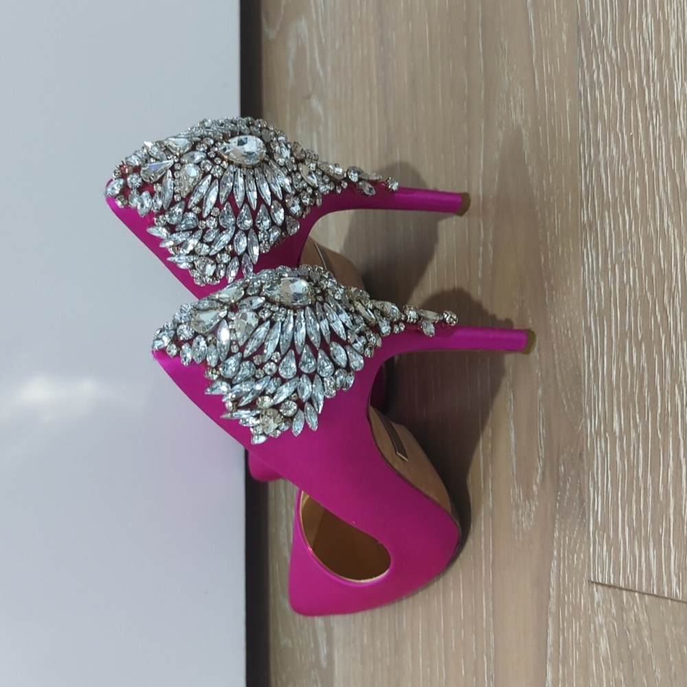 Badgley Mischka Hot Pink Satin Jeweled Pointed-Toe Heels